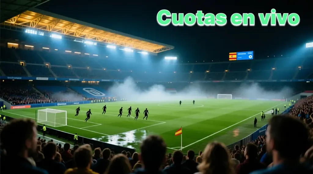 Estadio de fútbol español iluminado durante partido nocturno de LaLiga con ambiente de apuestas en vivo
