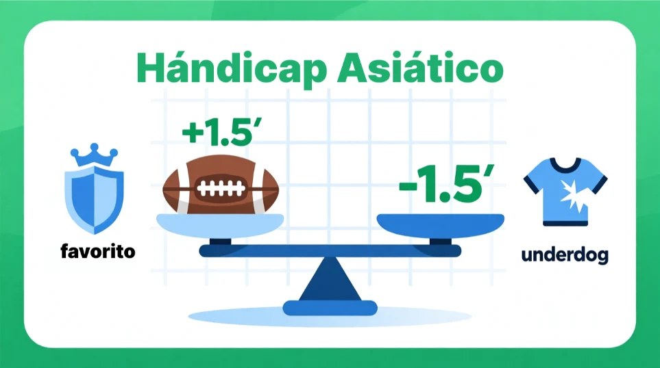 Diagrama explicativo de cómo funciona el hándicap asiático equilibrando las probabilidades en apuestas de fútbol