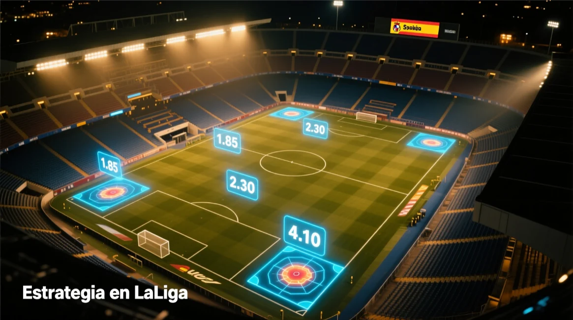 Vista aérea de estadio de LaLiga con superposición de análisis táctico y zonas de córners para estrategia de hándicap asiático
