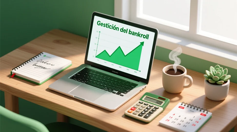 Espacio de trabajo organizado con laptop mostrando análisis de apuestas y registro de operaciones