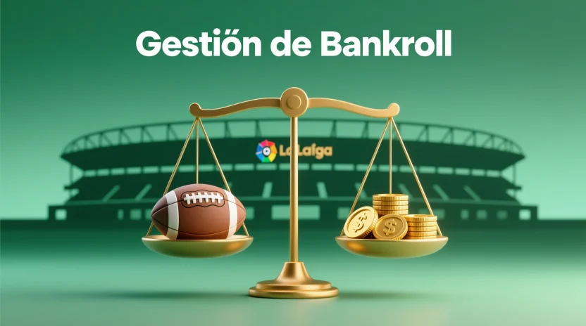 Gestión de bankroll para apuestas en LaLiga: balanza equilibrada con monedas y balón de fútbol representando el equilibrio financiero en las apuestas deportivas