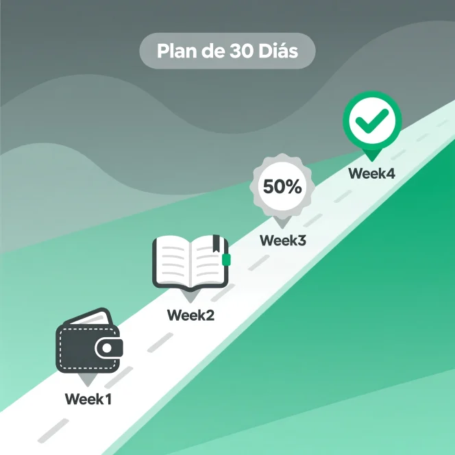 Plan de implementación de 30 días para gestión de bankroll: línea temporal con cuatro semanas de hitos progresivos