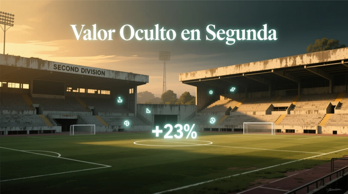 Estadio de Segunda División española iluminado representando las oportunidades ocultas de valor en el hándicap asiático