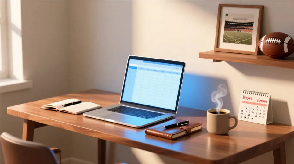 Espacio de trabajo profesional con ordenador mostrando hoja de cálculo de registro de apuestas de hándicap asiático